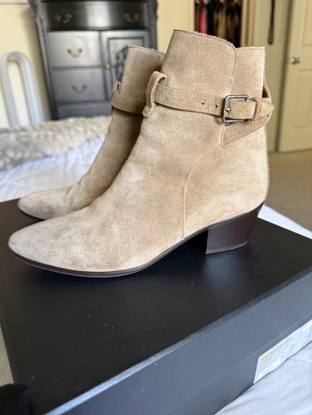 Saint Laurent Taupe Suede Ankle Boots with Buckle Strap - Picture 14 of 15